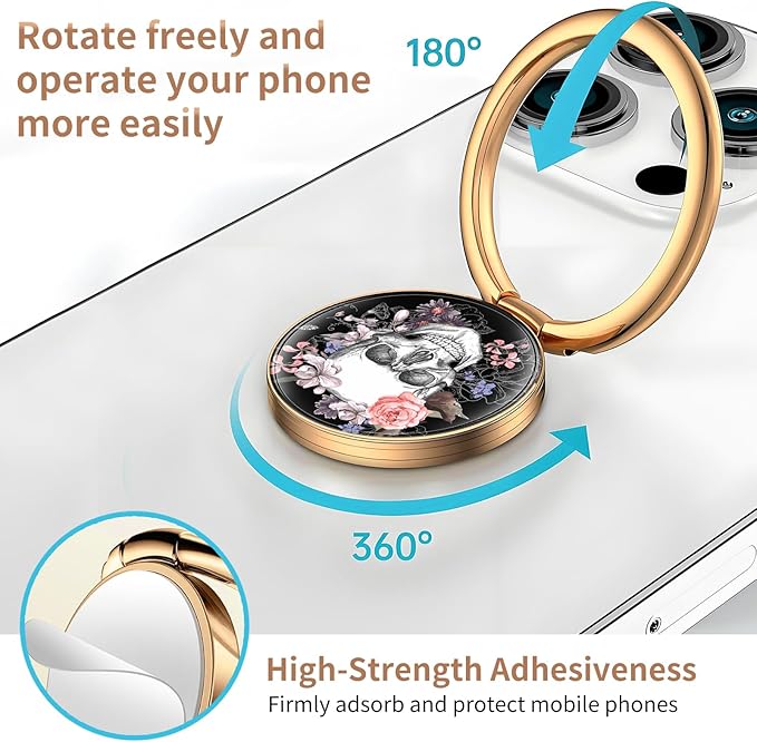 Cell Phone Ring Holder, Cute Metal Phone Grip Stand Finger Ring Kickstand, Flexible 360°Rotation Phone Tablet Case Accessories Compatible with Most Phones Cool Flower Skulls