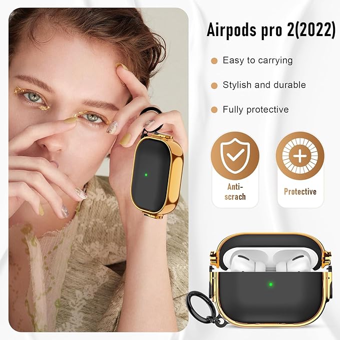 Maxjoy for Cute Airpods Pro 2 case with Safety Lock,Compatible Airpods Pro Case 2nd/1st Gen,Compatible Plating Solid Color AirPods Case Cover for Men Women Girly with Keychain-Black