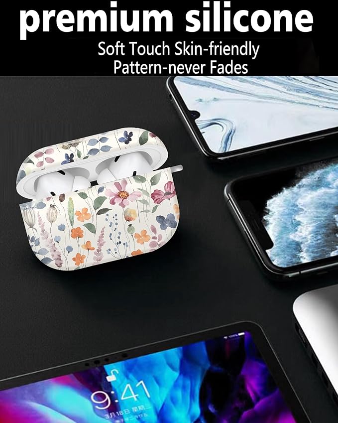 Compatible with Airpod pro 2nd/1st Generation Case Cover with Gold Round Keychain Cute Pattern Hard & Anti Slip Cover for Men Women & Girls(Cute Watercolor Flowers)