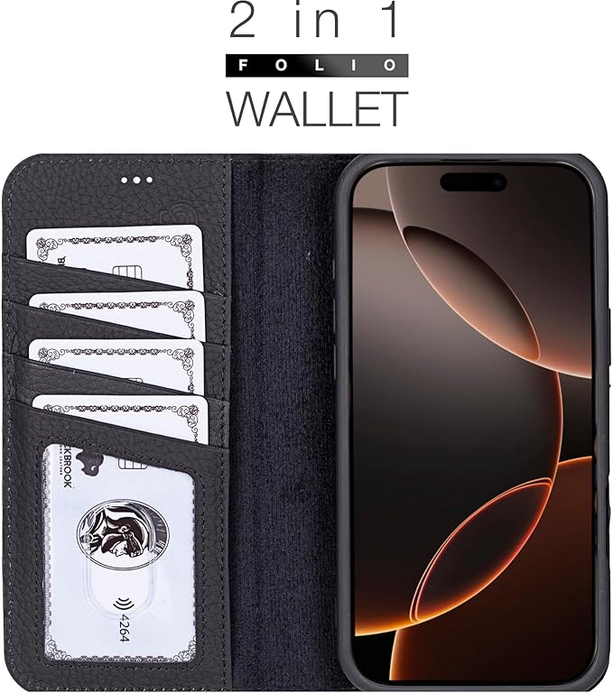 BLACKBROOK Case for iPhone 16 Pro Max Wallet Case for Men and Women, Carter Full Grain Leather 2-in-1 Set for MagSafe Charging, Cash, ID and 4 Card Slots with RFID, Compatible with iPhone 16 Pro Max