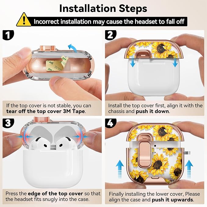 for AirPods 4 Case, with Safty Lock & Phone Stand for Floral AirPods 4th Generation Case Cover for Women Girly, iPod 4 Case with Keychain & Cleaner Kit - Yellow Sunflower
