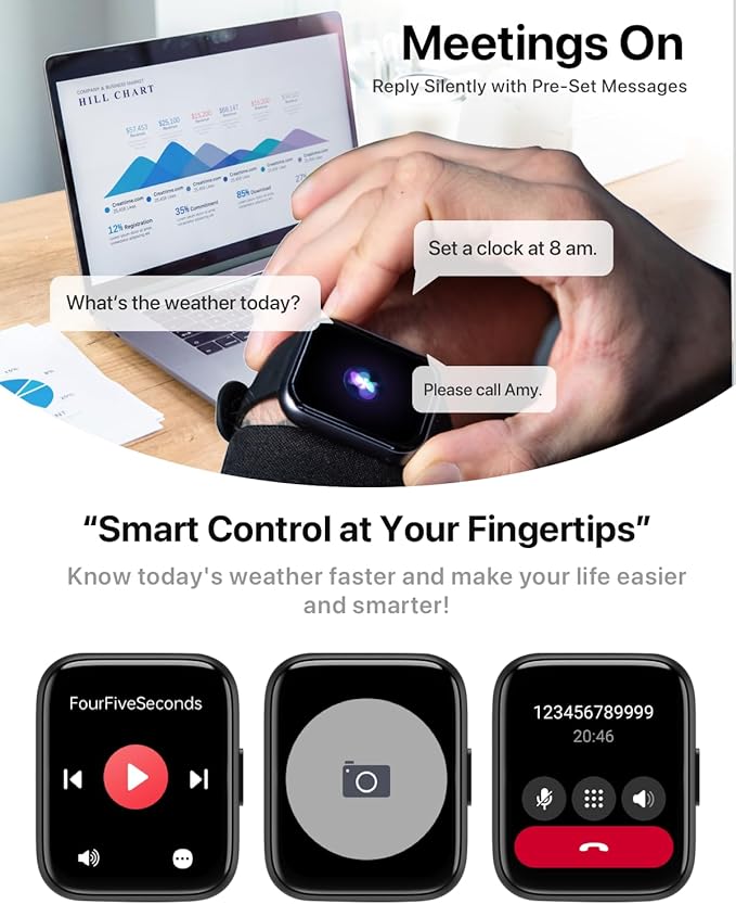 Smart Watch with Voice Assistant, 1.83" HD Touchscreen Fitness Tracker with Bluetooth Calling, 120+ Sports Modes, Heart Rate/Sleep Monitor, IP68 Waterproof Smartwatch for Android iOS, for Men Women