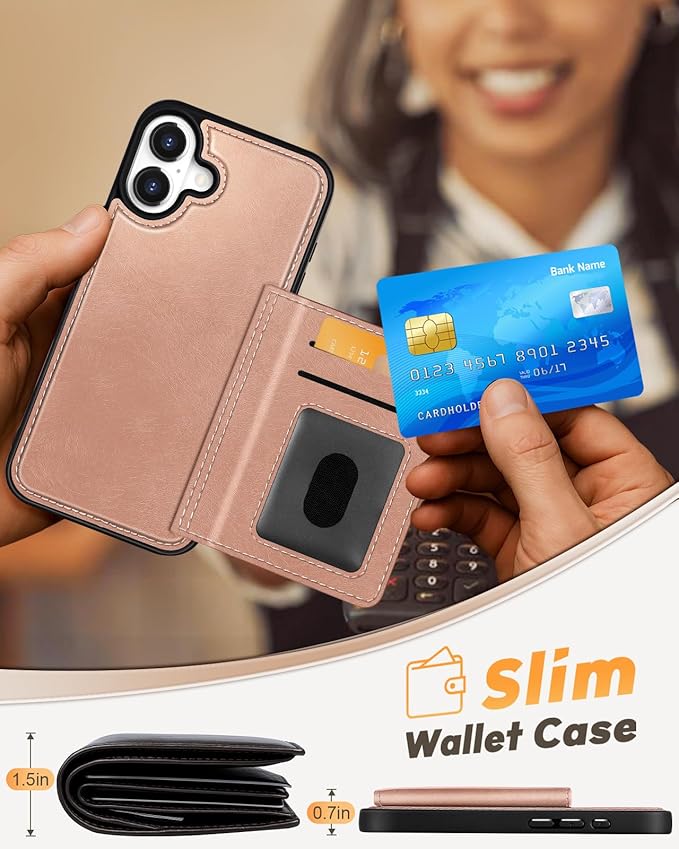 for iPhone 16 Wallet Case - Fits 4 Card Slots, Compatible with MagSafe for Women Aesthetic Durable PU Leather Credit Card Holder Kickstand Phone Cover for Apple 16, Rose Gold
