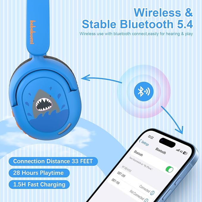 Kids Bluetooth Headphones, Wireless Headphones for Kids, 75/85/94dB Volume Limited, Built-in Mic, Fast Charging, Over-Ear Shark Childrens Boys Teens Headset for School/Tablet/Pad/Travel