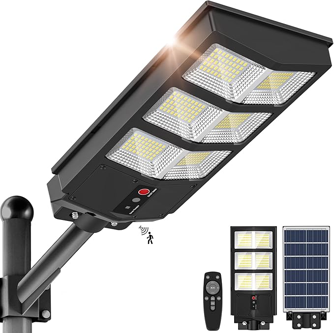 Solar Lights Outdoor - Wide Angle 6500K Solar Street Lights Outdoor Motion Sensor, Street Light IP66 Waterproof, Parking Lot Light Dusk to Dawn with Remote Control (1Pack)