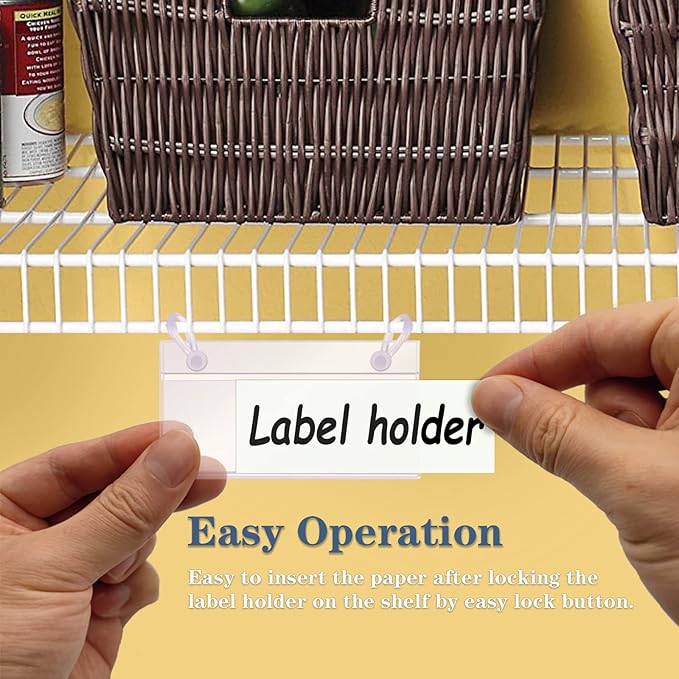 ELEMGULY Basket Label Holders, 40PCS Plastic Basket Label Clips with Easy Button Lock Design, Wire Shelf Label Holder Wire Rack Display Holder Price Sign for Home Market (40pcs Label Paper Included)