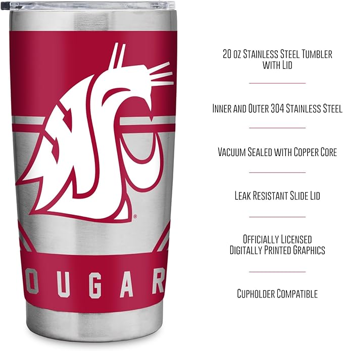 Rico Industries NCAA 20oz Stainless Steel Tumbler with Lid - Great For Coffee, Tea, Water or Cocktails