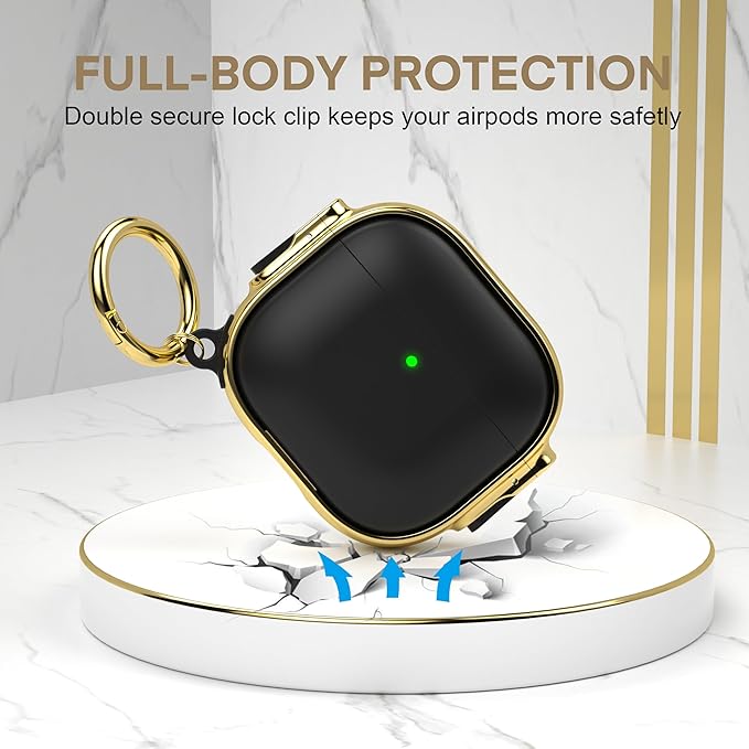 Maxjoy for AirPods 4 Case with Lock, Cute AirPods 4 Case Lock Protective Hard AirPod 4 Generation Cover for Women Men with Keychain Clip for AirPod 4th Generation Cover 2024, Black/Gold