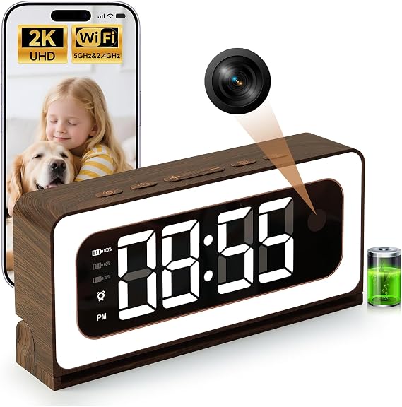 Clock Camera,Wood Grain,5G/2.4GHz WiFi Nanny Cam w/Alarm,2K Indoor Secuirty Camera,Color Night Vision,Dimmable Night Light, AI Human Detection,5200mAh Rechargeable Battery,SD & Cloud Storage,Pet,Baby