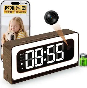 Clock Camera,Wood Grain,5G/2.4GHz WiFi Nanny Cam w/Alarm,2K Indoor Secuirty Camera,Color Night Vision,Dimmable Night Light, AI Human Detection,5200mAh Rechargeable Battery,SD & Cloud Storage,Pet,Baby