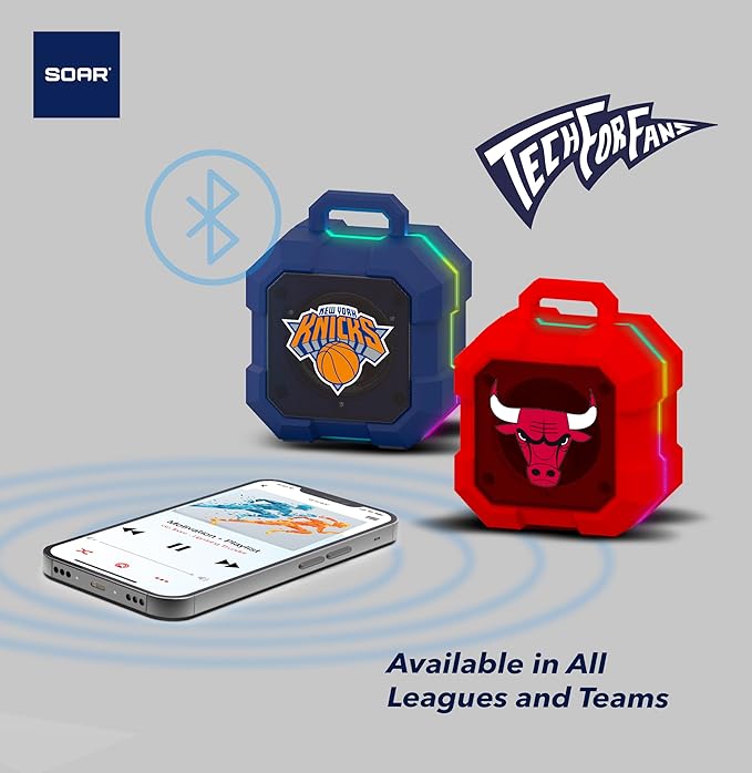 SOAR NBA Shockbox LED Wireless Bluetooth Speaker - Water Resistant IPX4, 5.0 Bluetooth with Over 5 Hours of Play Time - Small Portable Speaker - Officially Licensed NBA, Perfect Home & Outdoor Speaker