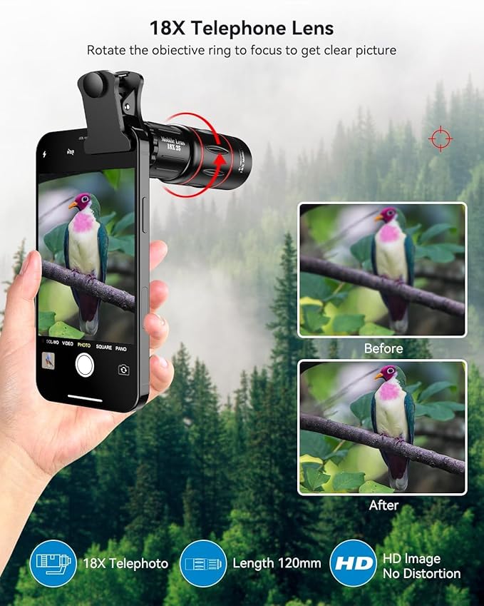 APEXEL 4 in 1 Phone Photography Kit, 18X Telephoto Lens, 198° Fisheye Lens, 15X Macro Lens, 0.63X Wide Angle Lens, Set with Flexible Phone Tripod, for iPhone Samsung Pixel