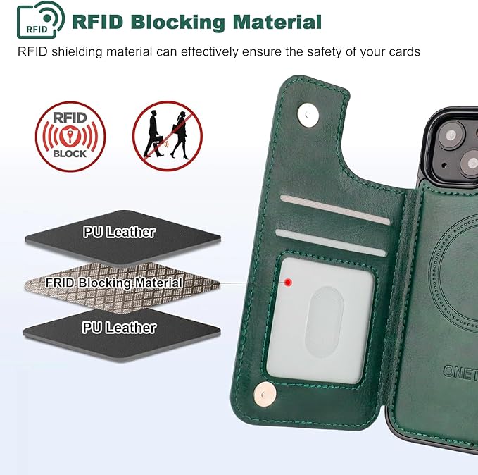 ONETOP Compatible with Magsafe for iPhone 13 Wallet Case with Card Holder, PU Leather Kickstand RFID Blocking Case, Double Magnetic Clasp and Durable Shockproof Cover 6.1 Inch (Green)
