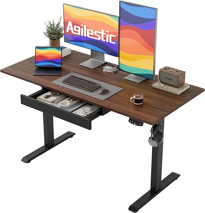 Agilestic Electric Standing Desk with Integrated Drawer, Height Adjustable Desk, Ergonomic Rising 48"x24" Wooden Desk, Sit-Stand Workstation with Memory Presets for Work Home Office, Walnut
