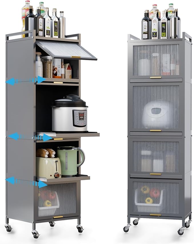 5-Tier Pull Out Kitchen Storage Cabinet with Flip-up PC Doors, Mobile Narrow Storage Cabinet with 3 Pull-out Shelves, Tall Slim Cabinets with 4 Rolling Caster for Dining Pantry Bathroom Laundry