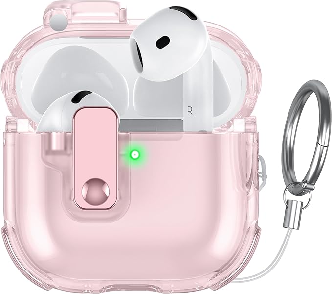 Clear Case for AirPods 4 Case Cover with [Lock Safety & Pop Up][Military Shockproof] Anti-Yellow Transparent Soft TPU Wireless Charging for AirPods 4th Generation Case with Keychain,Clear Pink