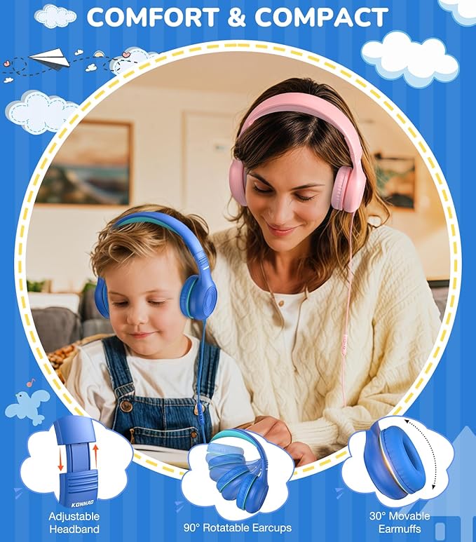 Upgrade USB Type C Kids Headphones, Wired Headphones for Kids with Microphone for Boys Girls, Adjustable 85dB/94dB Volume Limited (Navy/Blue)
