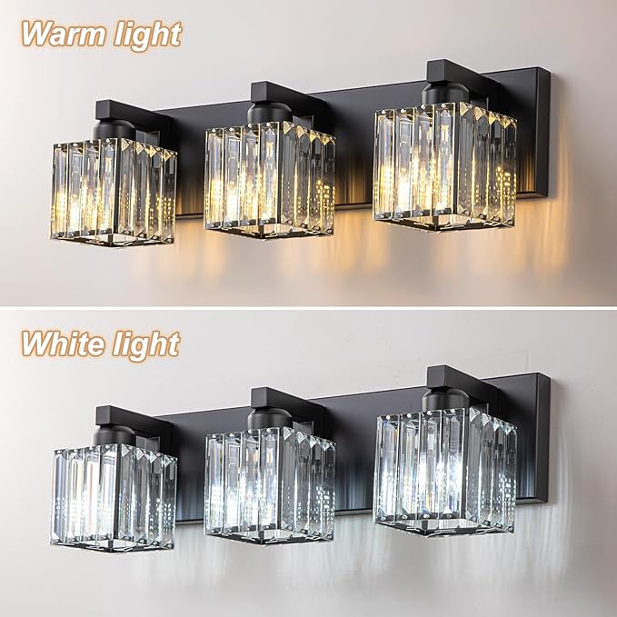 3-Light Black Bathroom Vanity Light, 19.7" Modern Crystal Bathroom Light Fixtures Over Mirror, Black Wall Light