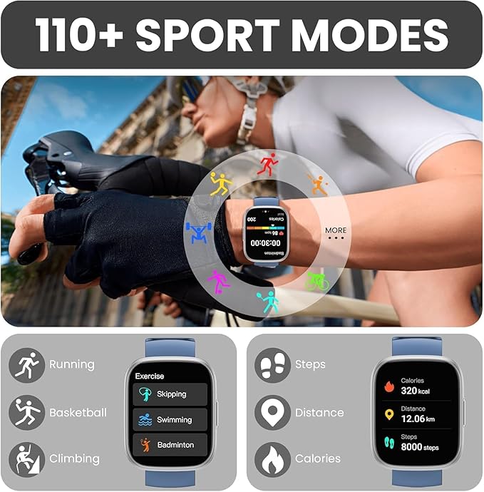 Smart Watch for Men Women, 1.95" HD Touchscreen Fitness Tracker with Bluetooth Calling, Fitness Watch with 110+ Sports Modes/Heart Rate/Sleep Monitor, IP68 Waterproof Smartwatch for Android iOS, Blue