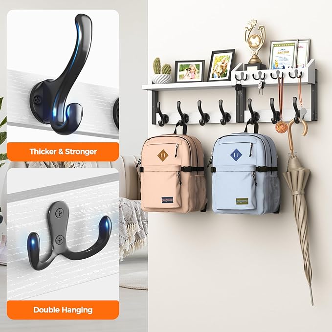 Evermagin 29" Coat Rack Wall Mount with Shelf, 4 in 1 Coat and Key Hanger with 11 Metal Hooks, Entryway Wall Mounted Shelf with Mail Holder for Living Room, Bedroom, White