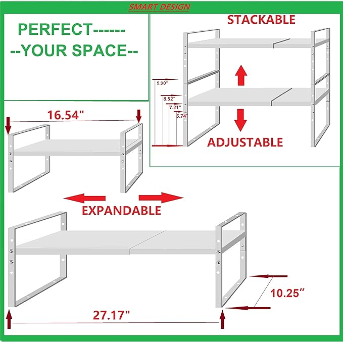 Expandable Stackable Spice Rack Cabinet Shelf Organizer in Cabinets Shelves Kitchen Cupboard Organization Stack up Racks Pantry Countertop Storage Large/White 1 Pack