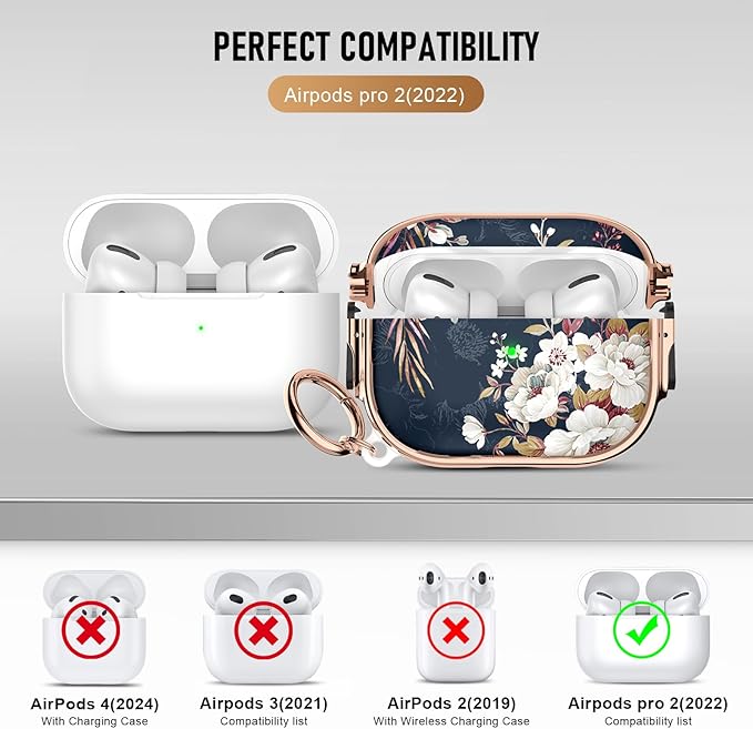 Maxjoy for Cute Airpods Pro 2 case with Safety Lock,Compatible Airpods Pro Case 2nd/1st Gen,Compatible White Flowers AirPods Case Cover for Women Girly with Keychain-Drak Blue
