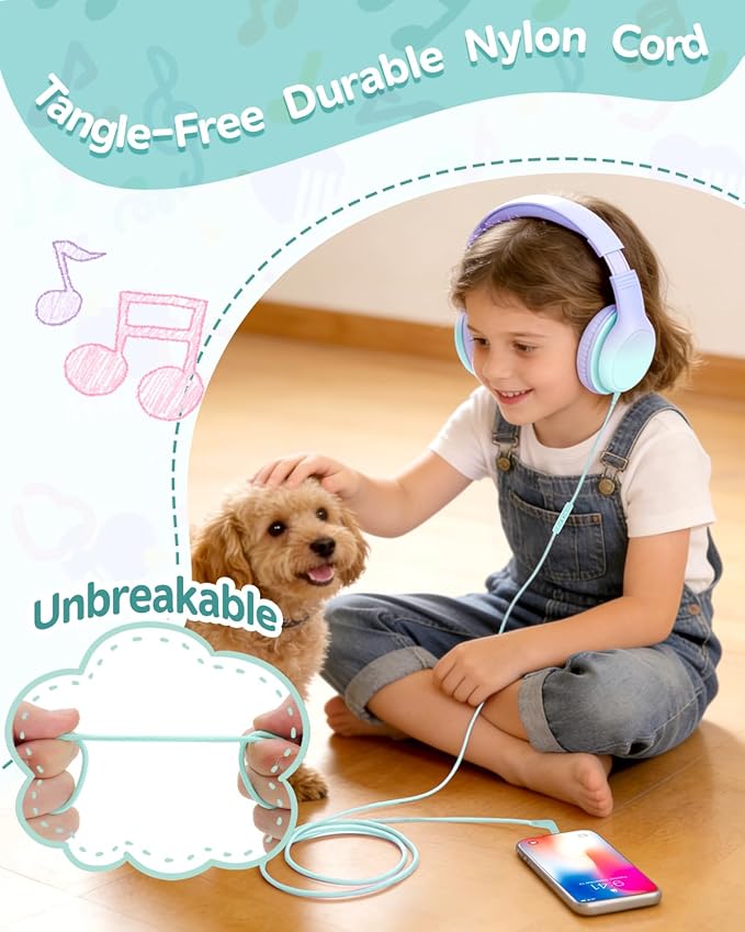 Over Ear Kids Headphones with HD Mic, Safe Volume Limited Wired Headphones for School, Travel, Stereo Sound Headphones with Cord, Foldable 3.5mm Headphones for iPad, Laptop, PC, Purple-Green