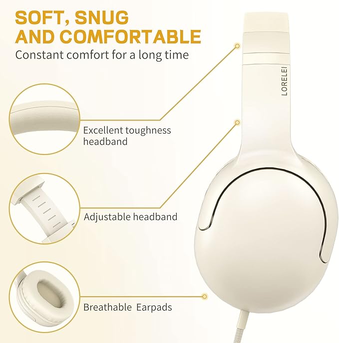 LORELEI E5 Wired Headphones for Kids Foldable & 3.5mm Jack Tangle Free Nylon Wire Stereo On Ear Headsets for Kids/Children/School/Tablet/Ipad/Kiddle/Plane (Beige White)