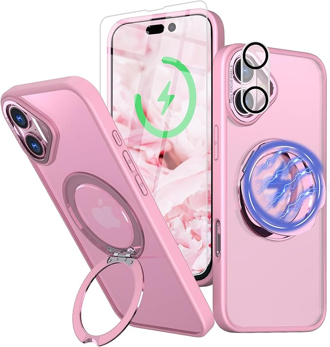 for iPhone 16 Case with Screen Protector & Lens Protector [15 FT Military Drop Protection] Magnetic Kickstand Compatible with MagSafe Slim Translucent Case (Sakura Pink)
