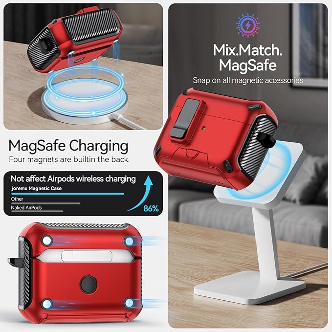 for AirPods Pro 2nd/1st Case (2023/2022/2019) with Phone Stand,（with Automatic Snap Switch） Carbon Fiber Design Protection Cover with Cleaning Pen,Red