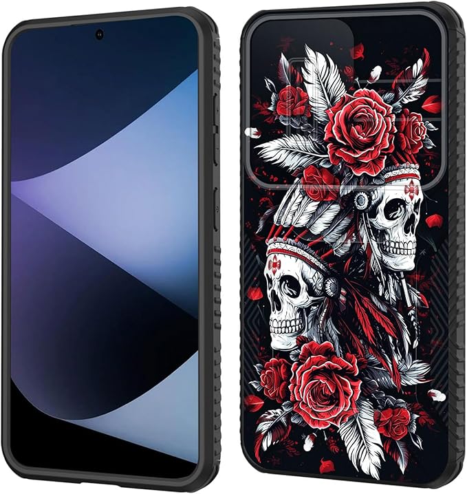 for Galaxy S26 Plus Case Built in Slide Camera Lens Cover,Heavy Duty Shockproof Protection Dual Layer Case for Samsung Galaxy S26 Plus 6.7" 2026,Skull Art with Feathers and Roses