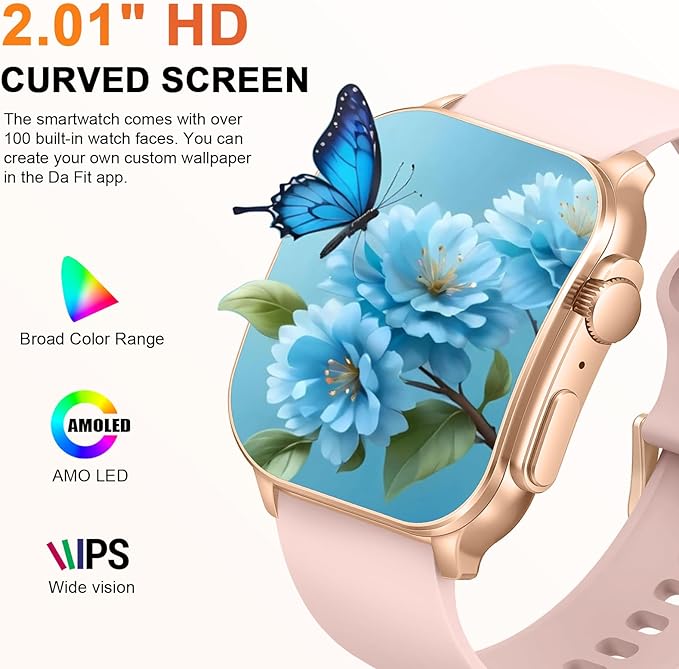 Smart Watch for Women, 2.01" AMOLED Curved Display Fitness Tracker with Answer/Make Calls, 100+ Sport Modes, 24/7 Heart Rate/Sleep Monitor/Pedometer, IP68 Waterproof SmartWatch, for Android iOS Pink