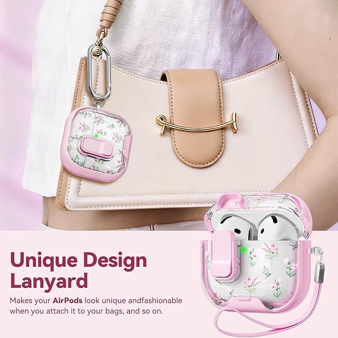 with Safety Lock for Apple AirPods 4 Case,Clear Floral Cute AirPod 4th Generation Case with Phone Stand & Cleaning Kit for Women Girly-Pink Narcissus