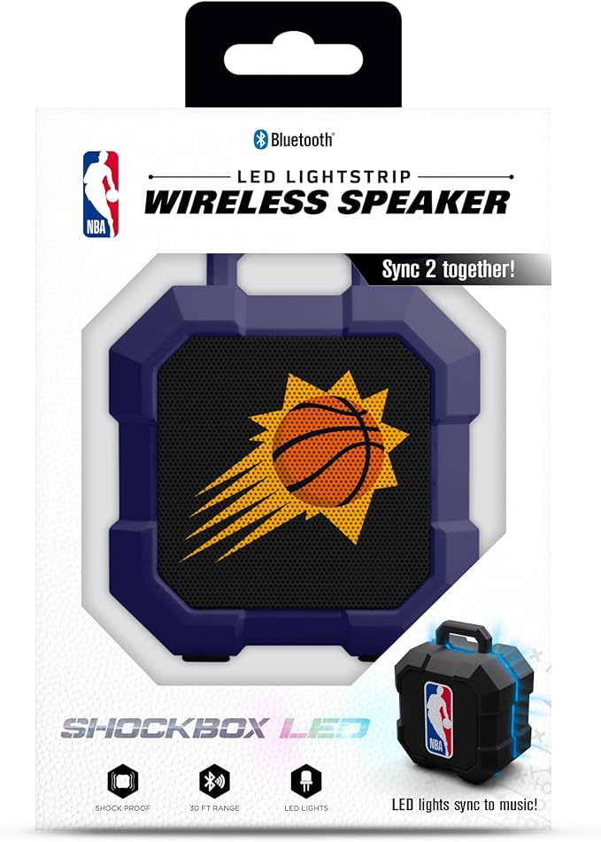 SOAR NBA Shockbox LED Wireless Bluetooth Speaker - Water Resistant IPX4, 5.0 Bluetooth with Over 5 Hours of Play Time - Small Portable Speaker - Officially Licensed NBA, Perfect Home & Outdoor Speaker
