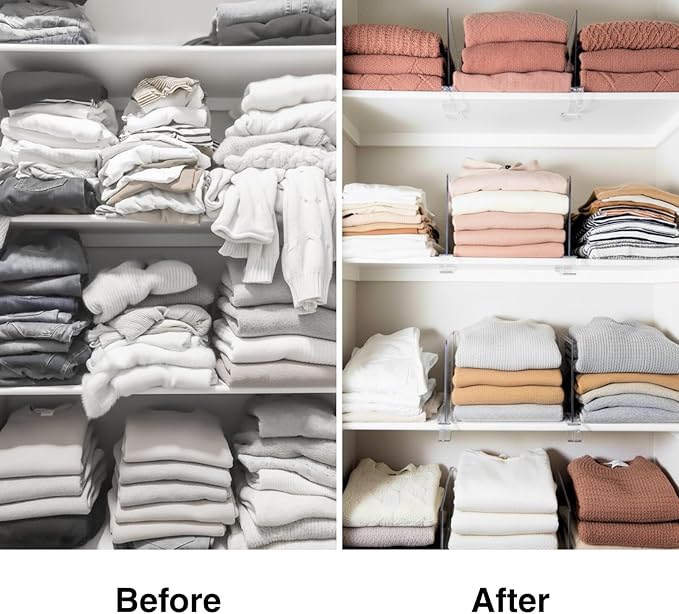 Shelf Dividers Purse Organizer for Closet: 6-pack Acrylic Bag Storage Organizer for Handbags, Clutches, Clothes, Sweater, Towel on Wood Shelves