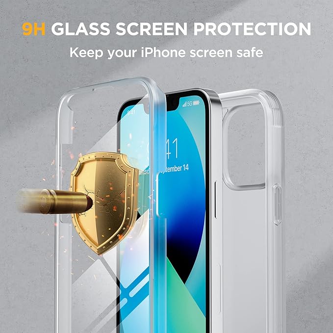Miracase Compatible with iPhone 13 case 6.1 inch, 2023 New Full-Body Glass Clear Case Bumper Case with Built-in 9H Tempered Glass Screen Protector for iPhone 13, Matte Clear