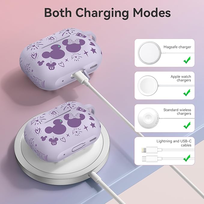 Compatible with Airpods Pro 2nd/1st Generation Case Cover with Keychain, Women Soft Silicone Two-Tone Cute Cartoon Engraved Convenience Protective Case, Front LED Visible Light Purple/Lavender