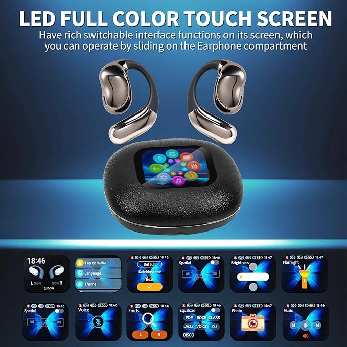 Open Ear Earphones with Touchscreen, Bone Conduction Wireless Earbuds Bluetooth 5.4, 68H Playtime with Charging Case, Over Headphones with Silicone Ear Hooks, for Outdoors Fitness Sport (Black)