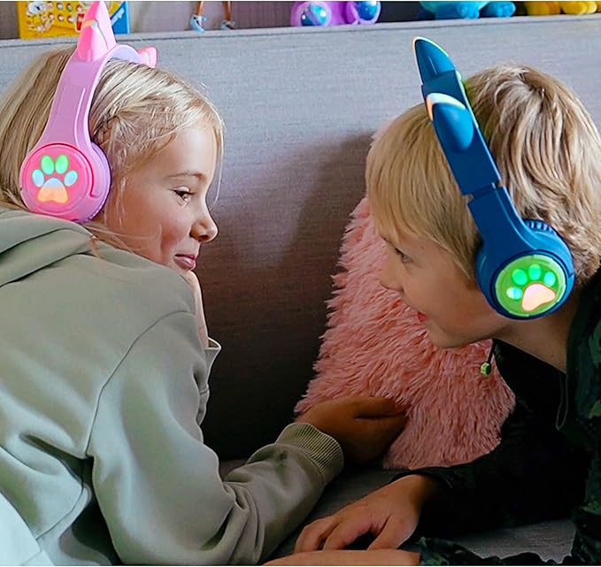 Riwbox CF9 Cat Ear Kids Bluetooth Headphones with LED Light Up,Safe 85dB Volume Limit,Built-in Mic&Boom Mic for Calls,Kids Wireless&Wired Headphones for Tablet/Airplane/School/Online Learning(Blue)