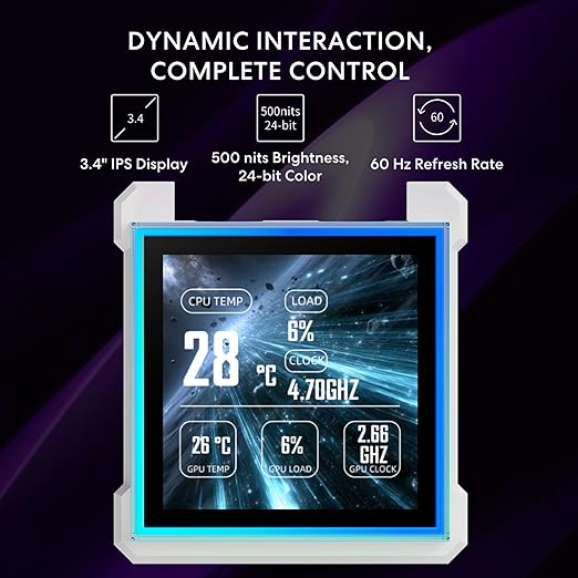 Lian Li Hydroshift II-S LCD 360 Liquid CPU Cooler - 3.4" IPS LCD Square Screen - Daisy-Chain - Low-Noise - Intel LGA 1851/1700, AMD AM5/AM4 - Fits Most PC Fans - White (HS2LCDS36NW)