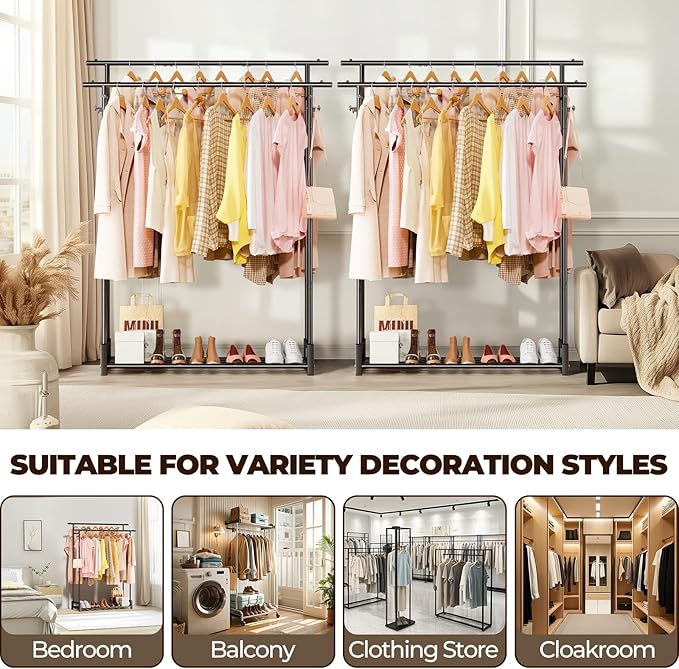 Clothes Rack for Hanging Cloth,Double Rods Metal Clothes Rack with Storage Shelf and Coat/Hat Hook, Freestanding Clothing Rack for Bedroom, Laundry, Cloakroom, Black