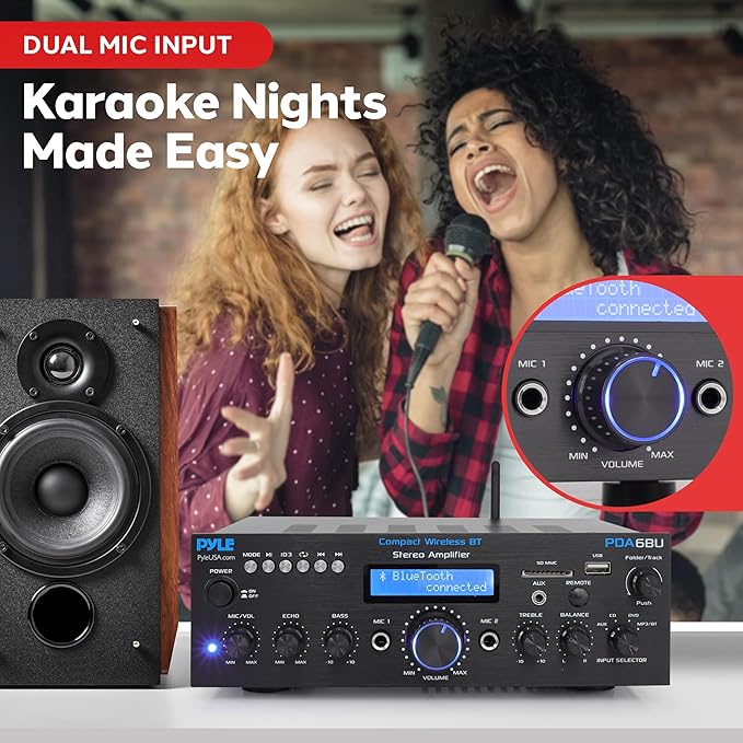 Pyle Wireless Bluetooth Power Amplifier System- 200W Dual Channel Sound Audio Stereo Receiver w/ USB, SD, AUX, MIC in w/ Echo, Radio, LCD, for Home Theater Entertainment via RCA, Studio Use- PDA6BU.7