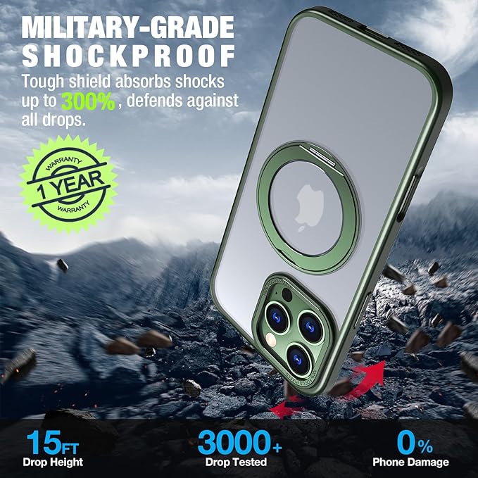for iPhone 16 Pro Case with Screen Protector & Lens Protector [15 FT Military Drop Protection] Magnetic Kickstand Compatible with MagSafe Slim Translucent Case (Deep Green)