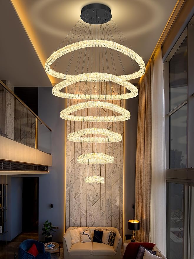 Flashing God Modern 6 Ring Crystal Chandeliers for High Ceiling Large Foyer Chandeliers LED Dimmable Crystal Ceiling Light Fixtures for Entryway Living Room Staircase Black