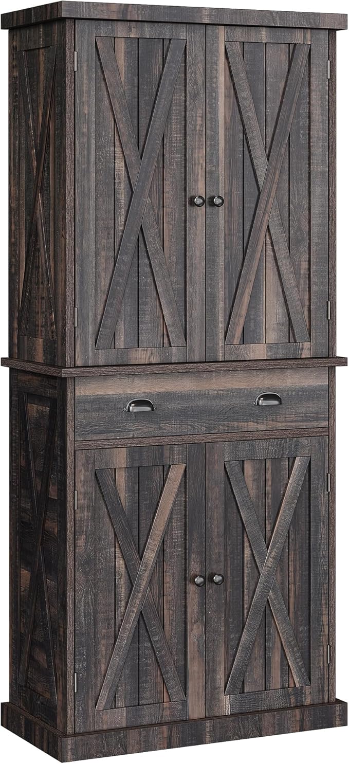 DWVO 72'' Farmhouse Kitchen Pantry, Rustic Wood Kitchen Storage Cabinets with Adjustable Shelves & Drawer, Tall Freestanding Cupboard for Dining Room, Living Room, Dark Gray