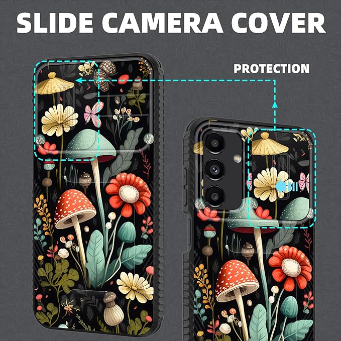 for Galaxy A15 5G Case Built in Slide Camera Lens Cover,Heavy Duty Shockproof Protection Dual Layer Case for Samsung Galaxy A15 5G 6.5 inch 2024,Mushroom Forest