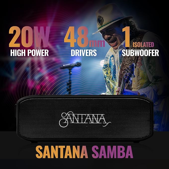 SANTANA BY CARLOS SANTANA Samba 40W High-Power Bluetooth Speaker with 48mm Drivers, Isolated Subwoofer, IP67 Waterproof, True Wireless Surround Sound, 20+ Hours Battery Life (Samba, Single Pack)