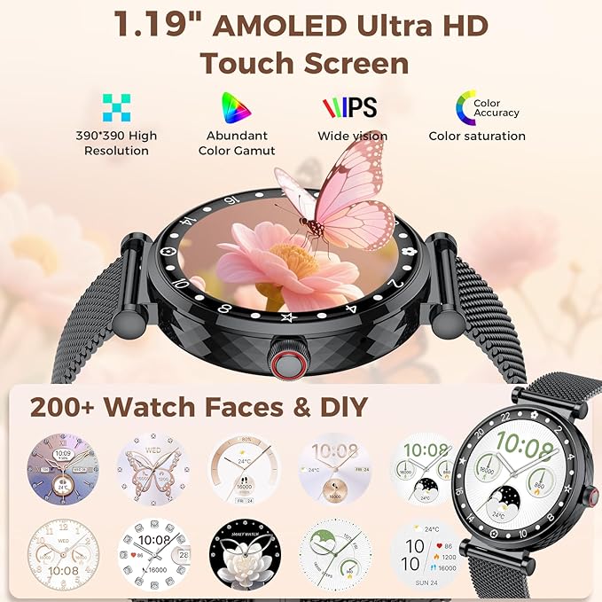 Smart Watch for Women, 1.19" AMOLED Display Fitness Tracker Bluetooth Make/Answer Call, Watches with 110+ Sports Modes/Heart Rate/SpO2/Sleep Monitor, Smartwatch IP68 Waterproof for Android iOS