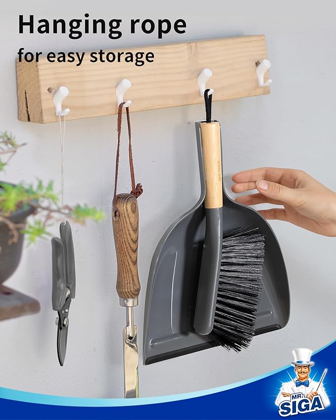 MR.SIGA Dustpan and Brush Set, Portable Cleaning Brush and Dustpan Combo with Bamboo Handle, Gray, 1 Set
