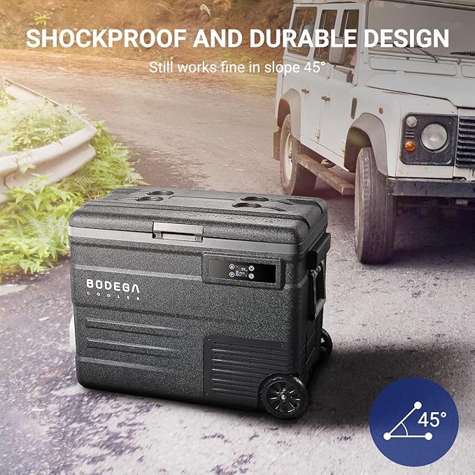 BODEGACOOLER 12 Volt Car Refrigerator,58QT(55L) Car Fridge with Wheels,RV Portable Freezer Single Zone,with APP Control,-4℉-68℉ Car Cooler,12/24V DC & 100-240V AC,for Travel,Camping,Outdoor,Vehicles